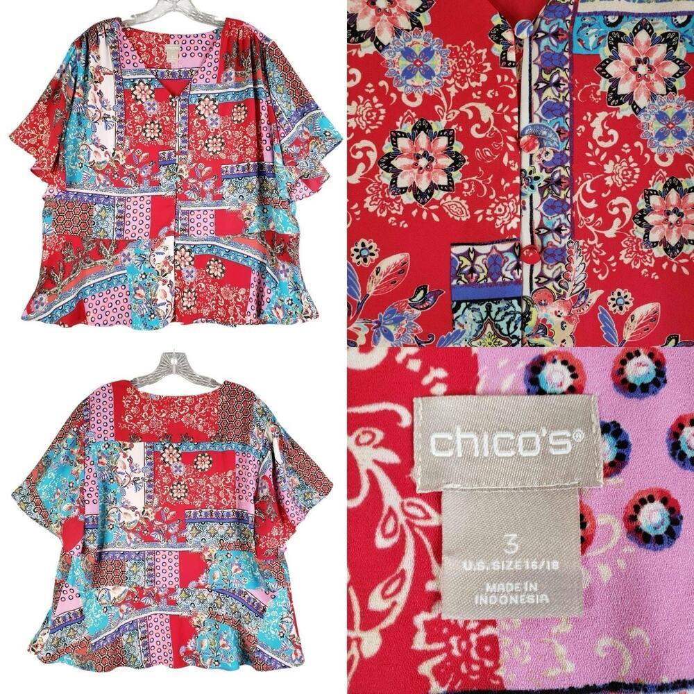 Chicos Shirt Top Size 3 US XL Patchwork Paisley Red Short Sleeve Blouse